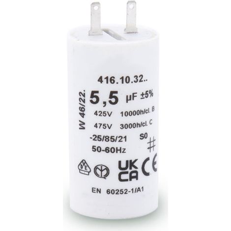 Store Menuiserie – Condensateur 5,5 uF 450V AC – Longueur 67 mm avec cosses – Durée de vie 10 000 heures – Pour moteur de volet roulant