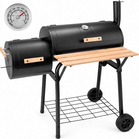 Barbecue A Carbone Con Affumicatore Laterale BBQ Con Termometro Integrato Griglie Cromate Ripiano E Maniglie In Legno Naturale Ruote Per Giardino E Terrazzo 109.5 x 59 x 116 Cm Nero (1/5)