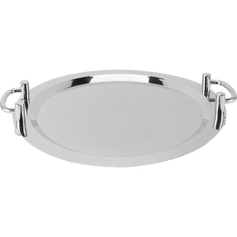 Plateau en acier inoxydable avec poignée, plateau de service multifonction portable en métal, assiette à dîner pour restaurant, hôtel, buffet, forme ronde, poignée argentée, 43 cm
