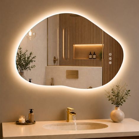 Miroir lumineux asymétrique, miroir LED de bain avec interrupteur tactile, 3 températures de lumière variable anti-buée miroir de salle de bain éclairé 80x53cm