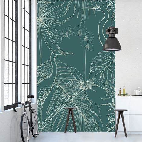 Papier Peint Intissé Héron Orchidées Plantes Sauvages Fond Vert 250 cm X 150 cm - Décoration Murale Naturelle (1/2)