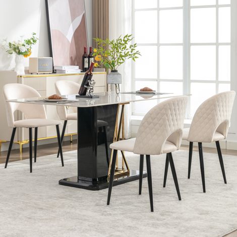 Chaise de salle à manger (lot de 4), fauteuil design avec dossier, assise en velours, piètement en métal, pieds réglables, motif diamant au dos, beige (1/5)