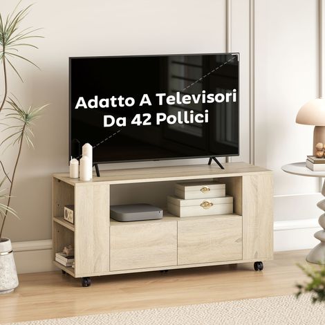Support TV mobile 42 pouces avec roulettes orientables et frein, tablettes réglables et tiroirs, dimensions 102x34.5x48.5 cm, bois (1/5)