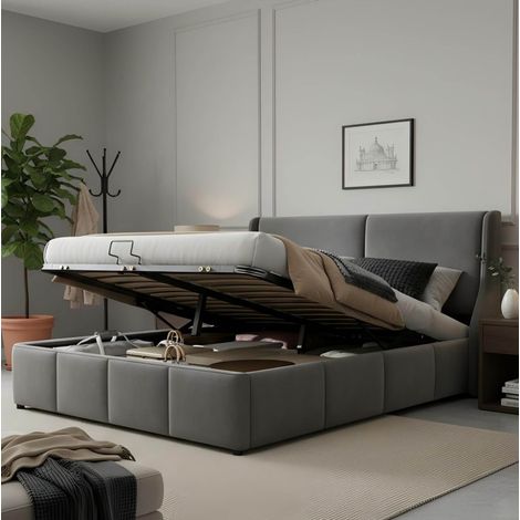 Bett gepolstert klassisch-modern 160x200 cm in Grau aus Samt mit Ohren-Kopfteil und hydraulischem Bettkasten (1/5)