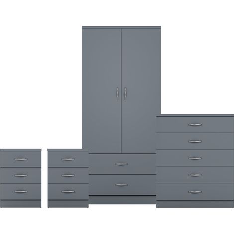 Riano 4 Piece Bedroom Set (3 DrW Bedside Chest, 5 Drw Chest, 2 Dr 2 Drw Wardrobe), Grey (1/3)