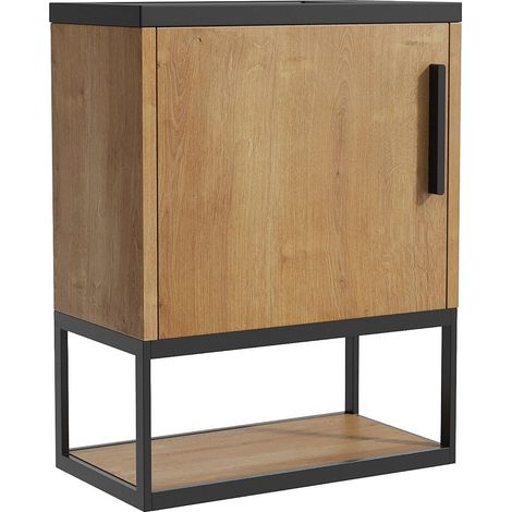 Meuble lave-main suspendu avec niche et vasque noire - 40 cm - Coloris naturel clair - LOPENA