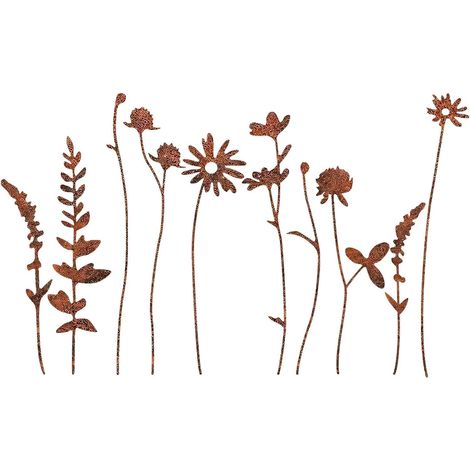Lot de 10 piquets de jardin, métal rouillé, résistant aux intempéries, décoration extérieure, support plantes, pelouse cour balcon