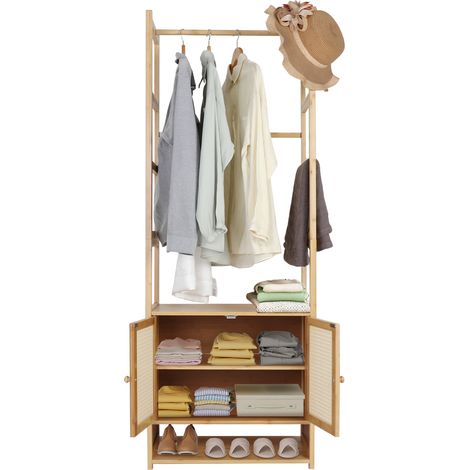 Unho – Portant à vêtements en bambou naturel 53x31.5x168cm – 2 étagères – Capacité 100kg – Penderie ouverte pour chambre et bureau