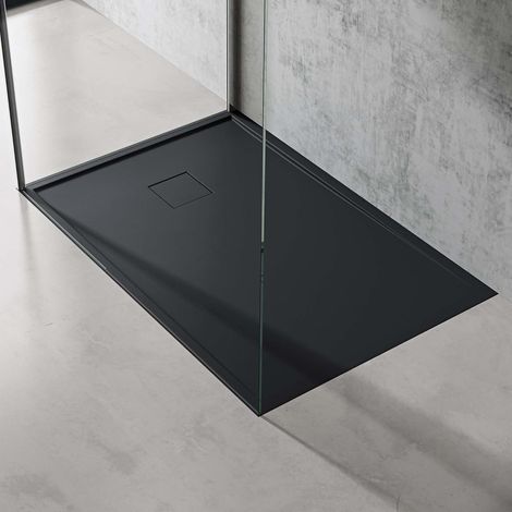 doporro Duschtasse Duschwanne 80x120x5 flach Mineralguss in Anthrazit inkl. Ablaufgarnitur AL06 DIN-Anschlüsse für bodenebene Montage geeignet Geoma08