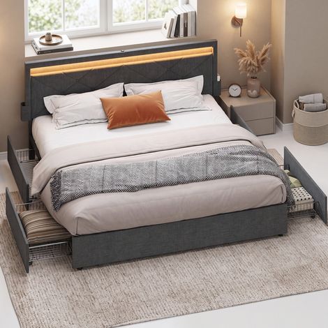 Lit Double Métal, LED, 4 Tiroirs, Tête de Lit Rembourrée Ajustable, Multiprise, Chambre, 160 x 200 cm, Gris (1/5)