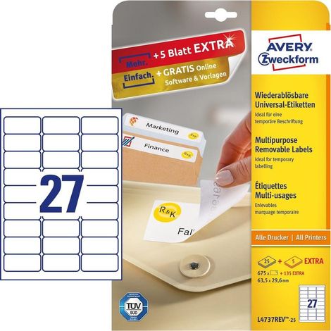 Avery L4737REV-25 etichetta autoadesiva Rettangolo con angoli arrotondati Rimovibile Bianco 810 pz (1/4)