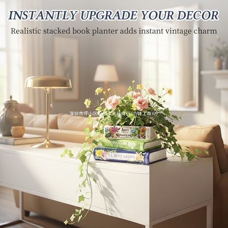 New Whimsical Book Stack Planter - A fun book stack planter with built-in drainage holes.