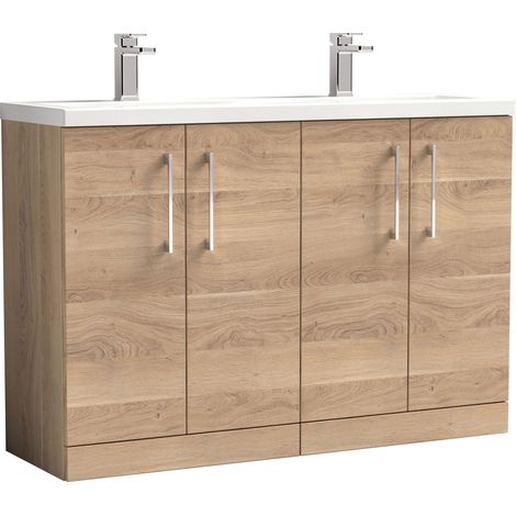 Nuie Arno Bleached Oak Woodgrain 1200mm 4 Door Vanity Unit with Double Ceramic Basins - ARN3003F (1/4)