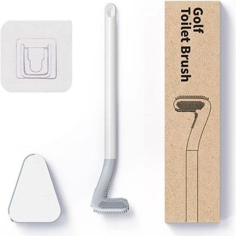 Golf-Toilettenbürste, Silikon-Toilettenbürste, Silikon-Toilettenset mit langem Griff, automatischer Öffnung und auslaufsicherem Sockel (Weiß mit Sockel) (1/5)
