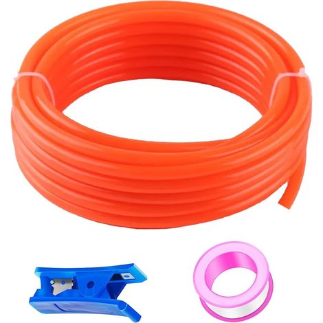 Tuyau pneumatique orange PU 50 m, flexible, diamètre extérieur 6 mm x diamètre intérieur 4 mm + 1 coupe-tuyau bleu + 1 ruban téflon rose (1/5)