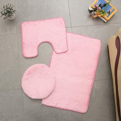 Tapis de salle de bain 3 pièces tapis de salle de bain couleur unie tapis absorbant doux antidérapant et couverture de toilette lavable, rose (1/2)
