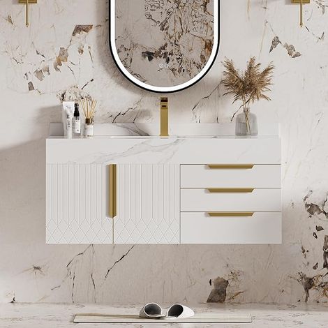 Meuble Vasque Suspendu pour Salle de Bain‑ Vasque en Céramique, Plateau en Pierre Frittée‑ 90 cm‑ Finition Blanche, Style Moderne, 3 Tiroirs, 2 Portes, Poignées Dorées (1/5)