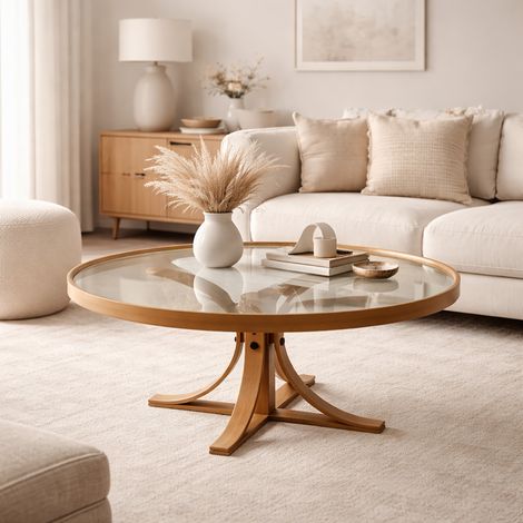 Table basse ronde 80x80x40 cm en verre fumé ambré et bois noyer (1/5)