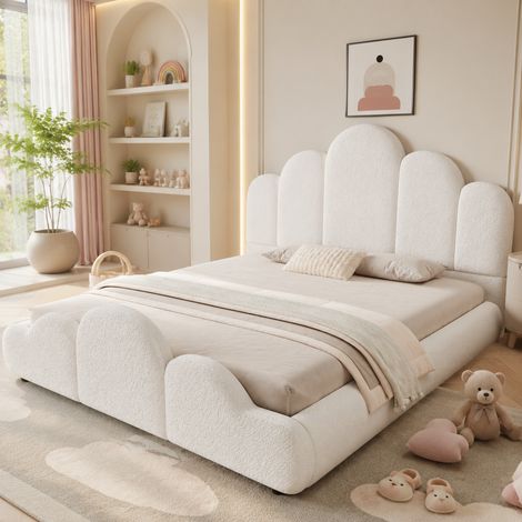 Lit enfant 140x200 cm – design nuage avec coins arrondis et sommier à lattes – bouclé – beige (1/5)