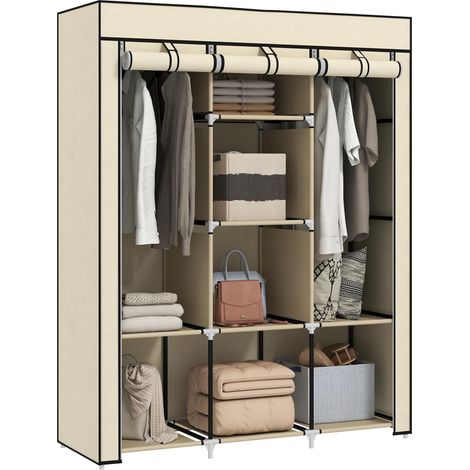 Armoire en tissu, solution de rangement, 8 étagères, 2 tringles, blanc crème (1/5)
