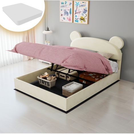 Letto imbottito moderno beige 140x200 cm con testiera morbida, vano contenitore con pistone a gas e materasso incluso (1/5)