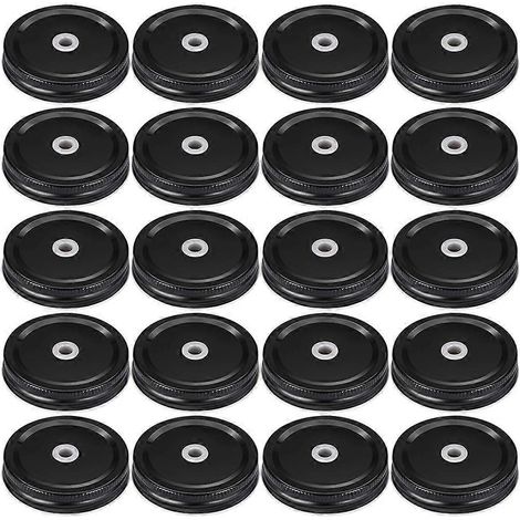20 couvercles pour bocaux Mason à ouverture standard, en fer-blanc avec trou pour paille-7x1.5cm-Black (1/3)