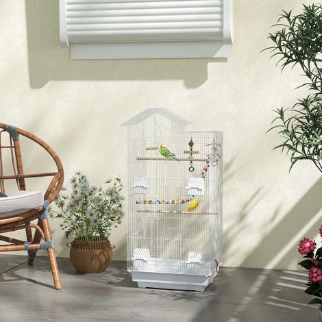 Voliera con porte multiple, 4 mangiatoie, 3 posatoi, altalena, scalette e vassoio rimovibile, 46x36x100 cm, bianca