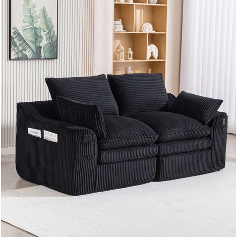 Sofá modular de 2 plazas en pana negra con cojines, bolsillos laterales, 191 cm (1/5)