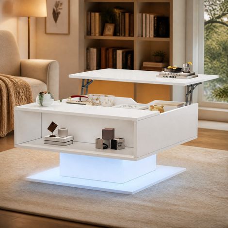 Table basse relevable 80 x 75 x 40 cm avec rangement, LED, blanc HAVRYA (1/5)