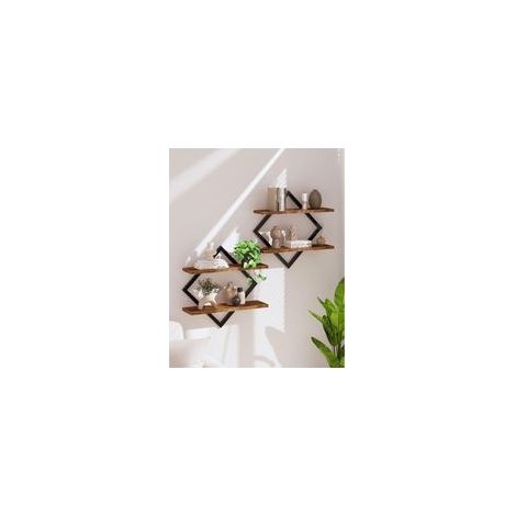 Étagère flottantes, Lot de 2, Étagères murales à 2 Niveaux, Rangements Suspendus avec Cadre métallique losangé, pour Salon, Chambre, , Bureau, Marron Rustique et Noir