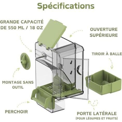 Mangeoire automatique pour oiseaux, mangeoire en cage avec perchoir, porte-fruits et légumes multifonctionnel pour perruches, canaris, calopsittes, pinsons (vert) (1/4)