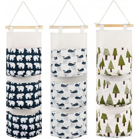 Sac de rangement suspendu 3 pièces avec 3 poches en tissu de qualité supérieure étagère murale panier sac de rangement organisateur pour chambre salle de bain cuisine - étanche et élégant (ours/arbre/ (1/5)