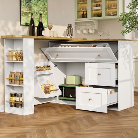 Ausziehbarer Bartisch mit Stauraum(138-204×39×105cm) , Küchenschrank, Sideboard mit Snackregal, Teleskopischer Bartisch, Stehtisch Bistrotisch Hochtisch Kücheninsel, weiß (1/5)