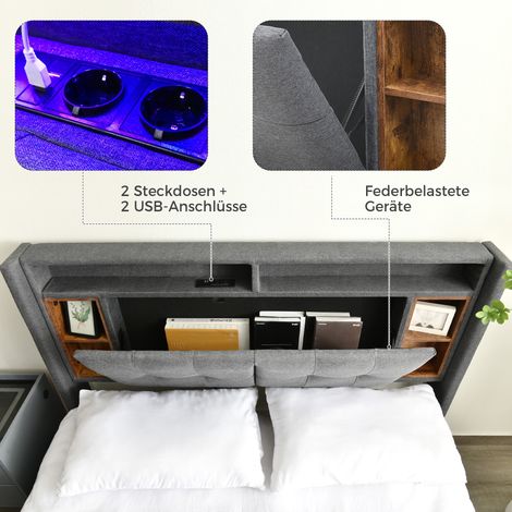 (=067980AAG) Lit rembourré, lit double avec tête de lit de rangement, port de chargement USB et éclairage LED, cadre de lit en bois avec sommier à lattes, 160200CM Gris (Matelas non inclus) (1/5)