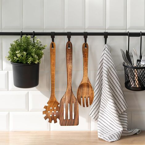 Set di 7 utensili da cucina legno di teak resistente al calore per padelle antiaderenti liscio facile mantenere (1/5)