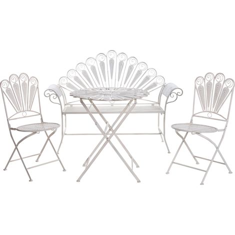 Conjunto de balcón con banco mesa redonda de metal hierro y sillas de jardín con efecto desgastado blanco crema Pavia