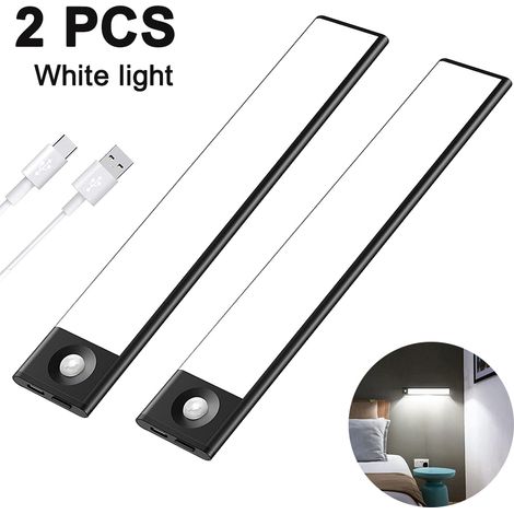 Lot de 2 lampes LED magnétiques ultra-minces à détecteur de mouvement pour sous-meuble, idéales pour la cuisine, les tiroirs, les escaliers et les couloirs. Couleur : noir, 20 cm. (1/5)
