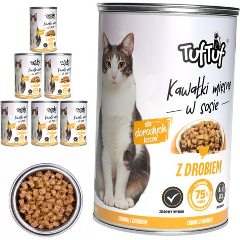 Pâtée pour chat TufTuf saveur volaille, boîte de 6 x 415 g, morceaux en sauce (1/4)