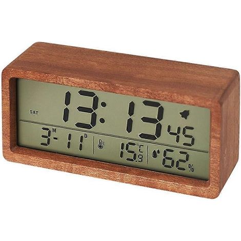 Horloge numérique en bois, idéale pour la chambre, la table de chevet ou le bureau. Design minimaliste et élégant, grand écran, fonction veilleuse, marron. (1/5)
