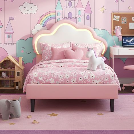 Letto singolo 90x200 cm, letto 90x200 per bambini, con luci LED nella testiera, con rete a doghe e schienale a forma di nuvola, letto imbottito 90x200 cm, Rosa