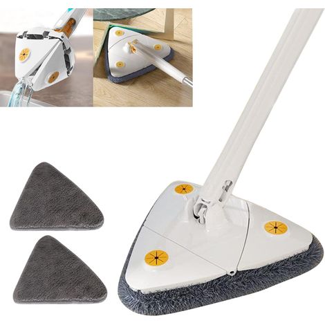 Vadrouille de Nettoyage Triangulaire à 360 degrés, Balai télescopique Triangulaire, Balai à sertir réglable, serpillère Multifonction Automatique (Blanc + 2 tampons) (1/5)