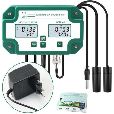 Testeur de qualité de l'eau 6 en 1 WiFi – pH, TDS, EC, SG, salinité, température – Sondes haute précision pour aquariums et piscines (1/5)
