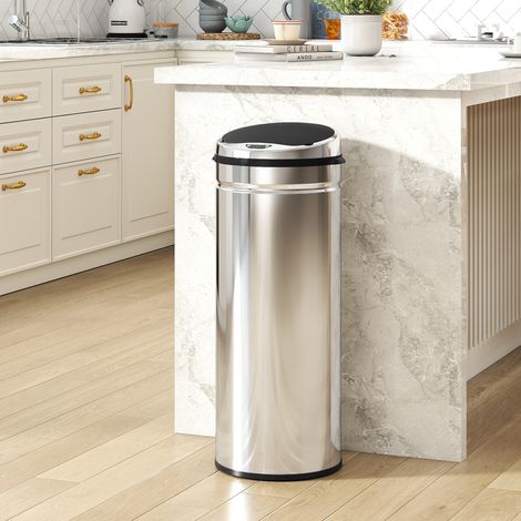 Poubelle à capteur de mouvement ouverture automatique 50 L en acier inoxydable noir et argent (1/5)