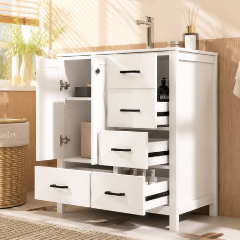 76 × 46 × 82 cm, meuble sous vasque autoportant pour salle de bain, entièrement laqué, plusieurs tiroirs de rangement, tablettes réglables, lavabo en céramique intégré, blanc. (1/5)