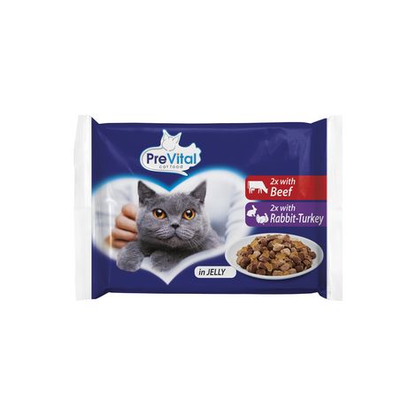 Alimento para gatos PreVital 4 x 100 g. Con carne de res en gelatina. Con conejo y pavo en gelatina.