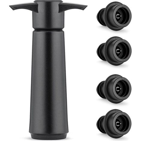 Pompe à Vide Vin avec 4 Bouchons, Bouchon Vin Vide Air, Réutilisable Bouchon Bouteille Vin Garde le Vin Frais, Accessoires Vin, pour le Vin, Noir (1/5)