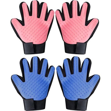 Par de guantes de aseo para gatos, guantes con cepillo para mascotas, guantes de aseo para zurdos y diestros para pelo corto y largo, azul claro/rojo - Paquete de 4 (1/4)