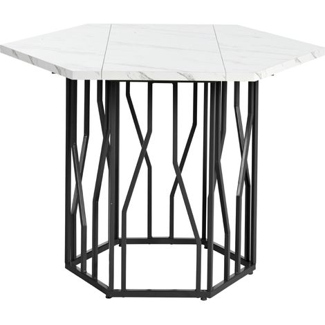Mesa de comedor hexagonal de MDF efecto mármol, patas de metal negro, 115,5 x 100 x 75 cm (1/5)