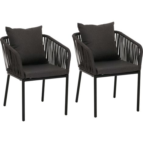 [NEUWERTIG] 2er-Set Gartenstuhl HHG-616, Outdoor Armlehne, wetterfest Aluminium Seilgeflecht Rope anthrazit, Kissen dunkelgrau