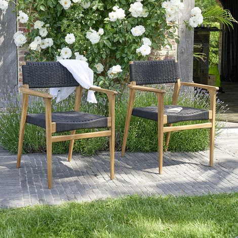 Lot de 2 fauteuils de jardin en teck massif et cordage noir (1/5)